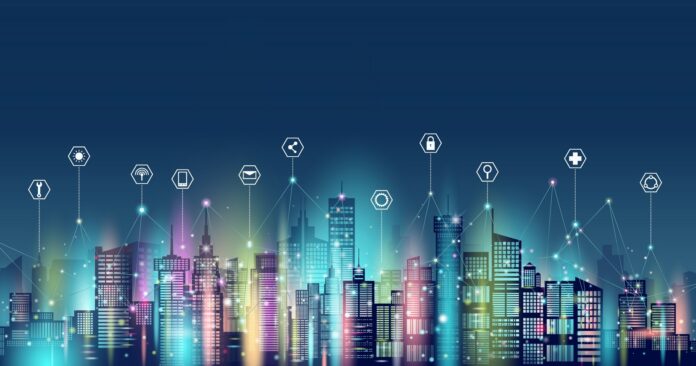 Wireless technology network communication smart city and icon.