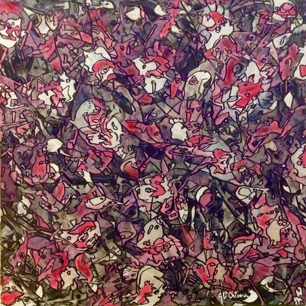 Uomini e donne in cerca della verità_acrilico e olio su tela_50x50x3_frontale_2021